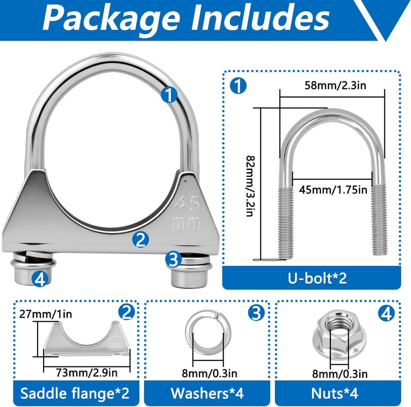 IFYKIM 1.75" U-Bolt Muffler Exhaust Clamps, Saddle Style U-Bolt Clamp Fit 1.75" OD on Tip Pipes Connection (45mm-fit 1.75" OD) - Image 2